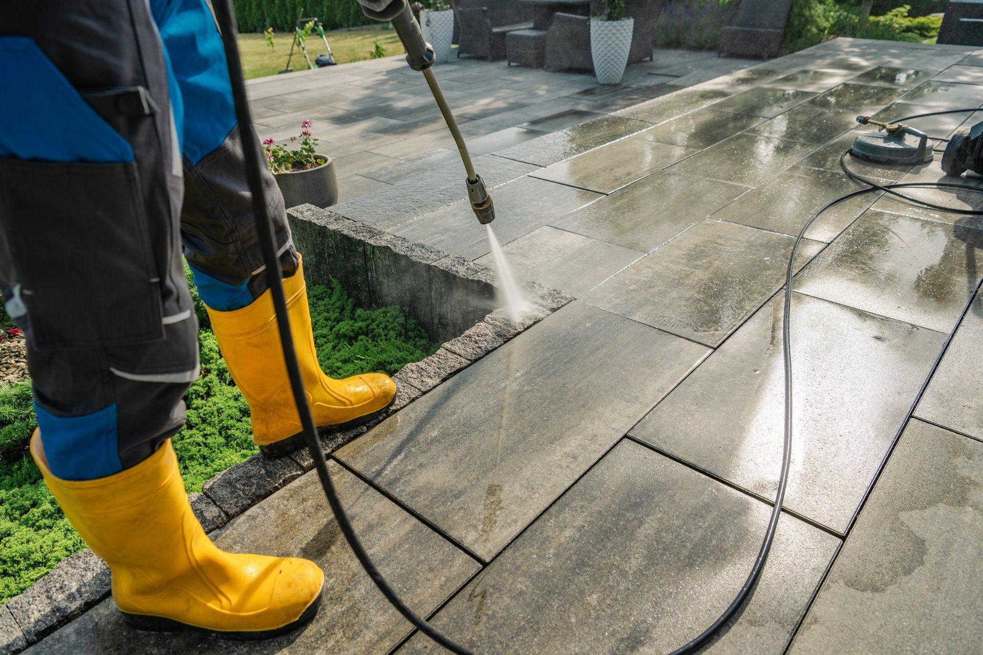 Pressure washing a patio for property maintenance in Sevierville, TN